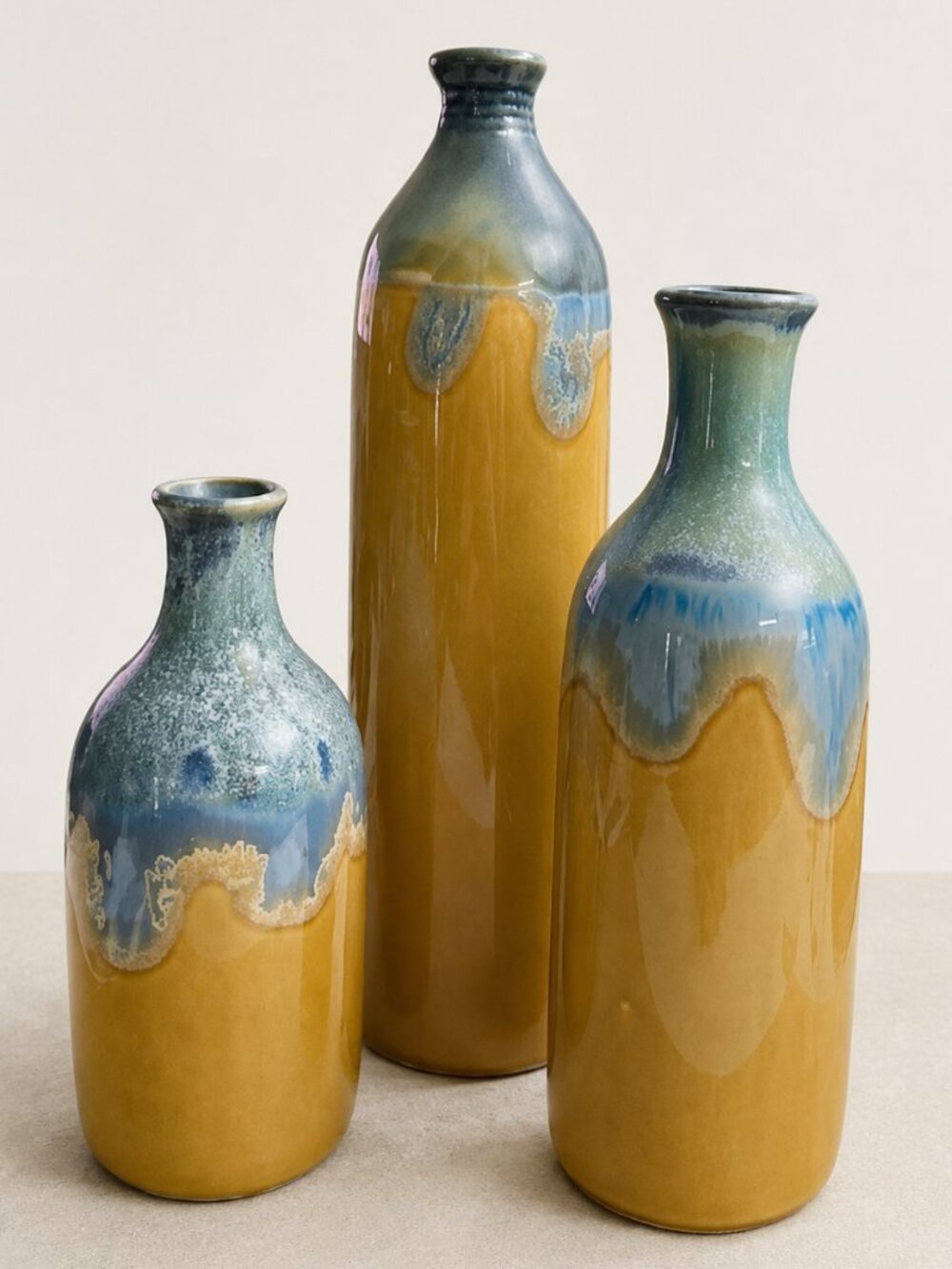 Casa Moda Ceramic Vase Set of 3 Yellow Beige Gray Blue Reactive Glaze